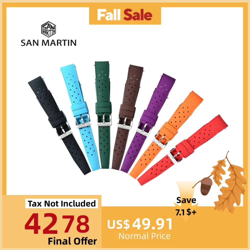 

San Martin Colorful Curved End FKM Rubber Strap 19/20/21mm For SN00144 Tropical Watchband Comfortable To Wear Waterproof Durable
