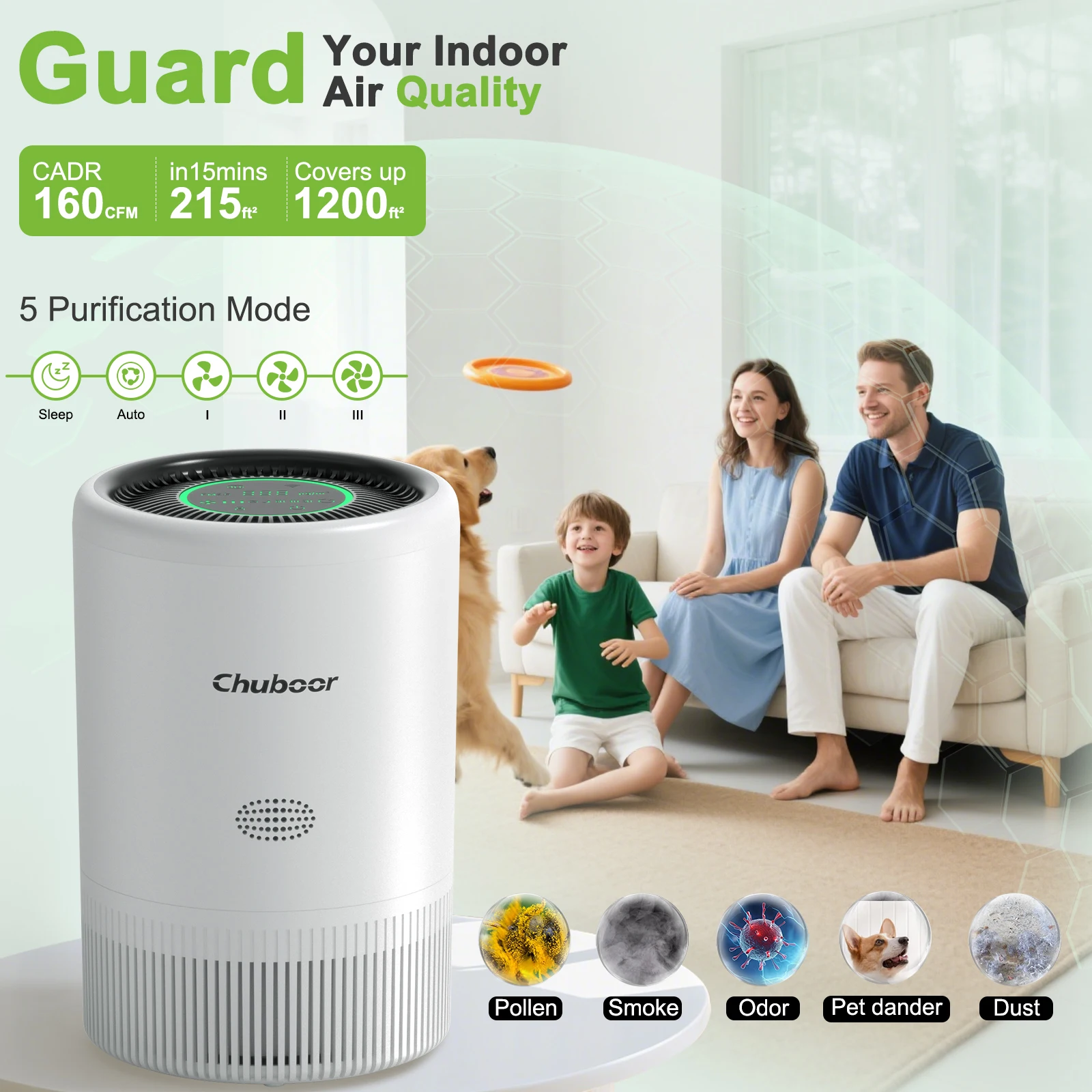 Purificador de Aire Chuboor para Dormitorio y Hogar, Purificador de Aire HEPA con Tecnología PM2.5 para Dormitorio, Sala de Estar, para Pelo de Mascotas, Polvo, Polen y Olores