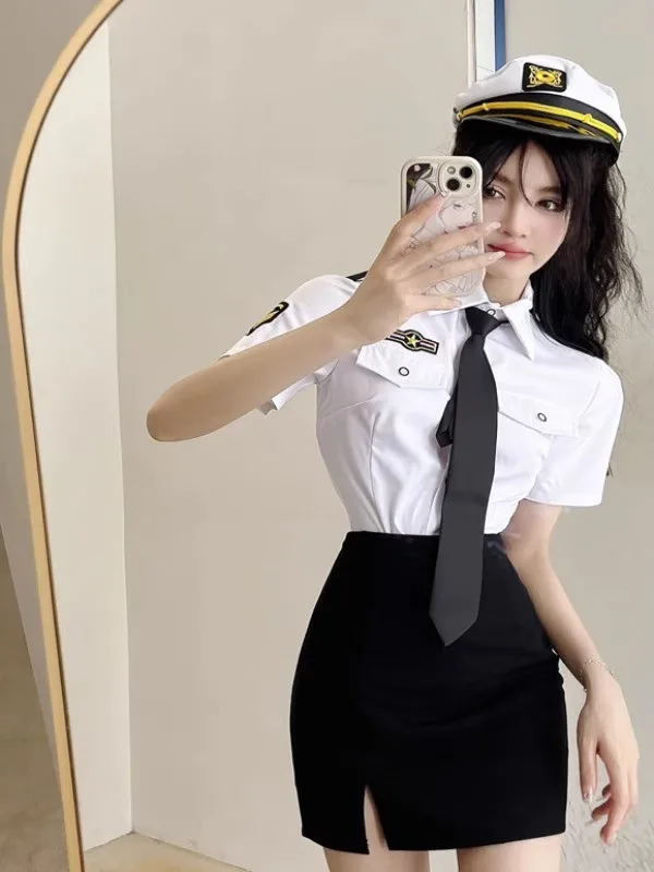 Seksowny strój stewardesy na Halloween, zestaw JK, odzież do pracy w klubie nocnym/barze, czysta pokusa, bluzka, obcisła spódnica, poliester B...