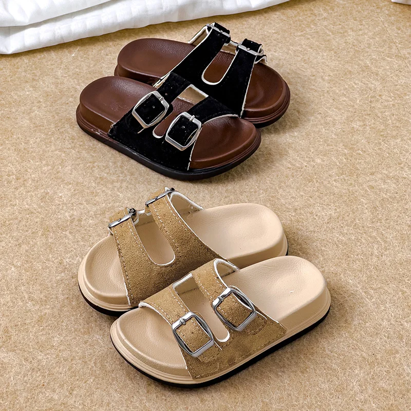 Summer Fall Toddler Kids Slide Sandals Double Buckle Straps Cork Sole Non-Slip Soft Indoor Outdoor Daily Use Children's Slippers