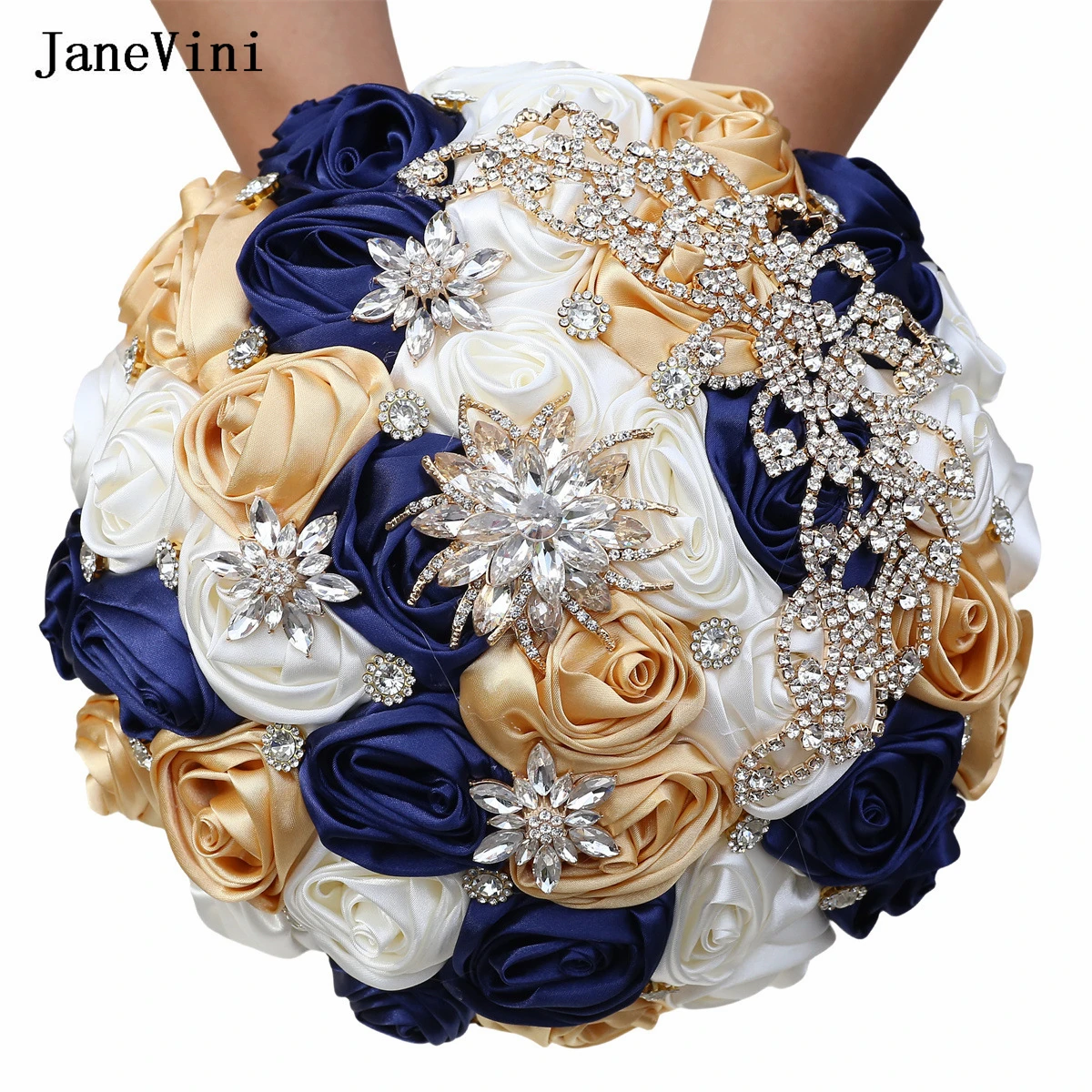 

JaneVini Artificial Wedding Bouquets Rhinestone Navy Blue Bridal Bouquets Ribbon Roses Crystal Bridesmaid Wedding Bouquet Flower