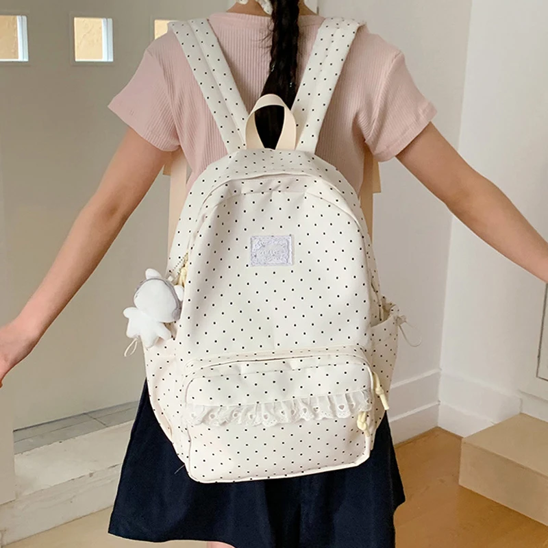 Modischer Rucksack, Damen-Schulrucksack mit Polka-Dot-Muster, süßer Spitzenbesatz, koreanischer leichter Schulrucksack mit großer Kapazität für Mädchen und Studenten – Detail 23