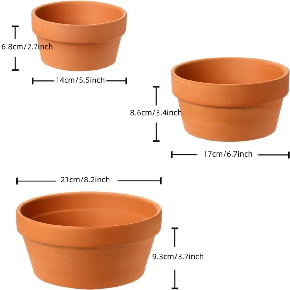 Zestaw 3 płytkich doniczek z doniczki do roślin z terakoty glina ceramiczna sadzarki w różnych rozmiarach (8,2 cala/6,7 cala/5,5 cala) z otworem