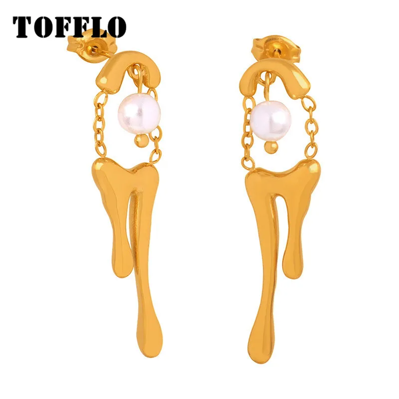 

TOFFLO Stainless Steel Jewelry Geometric Droplet Melting Design With Inlaid Shell Bead Chain Splicing Earrings BSF994