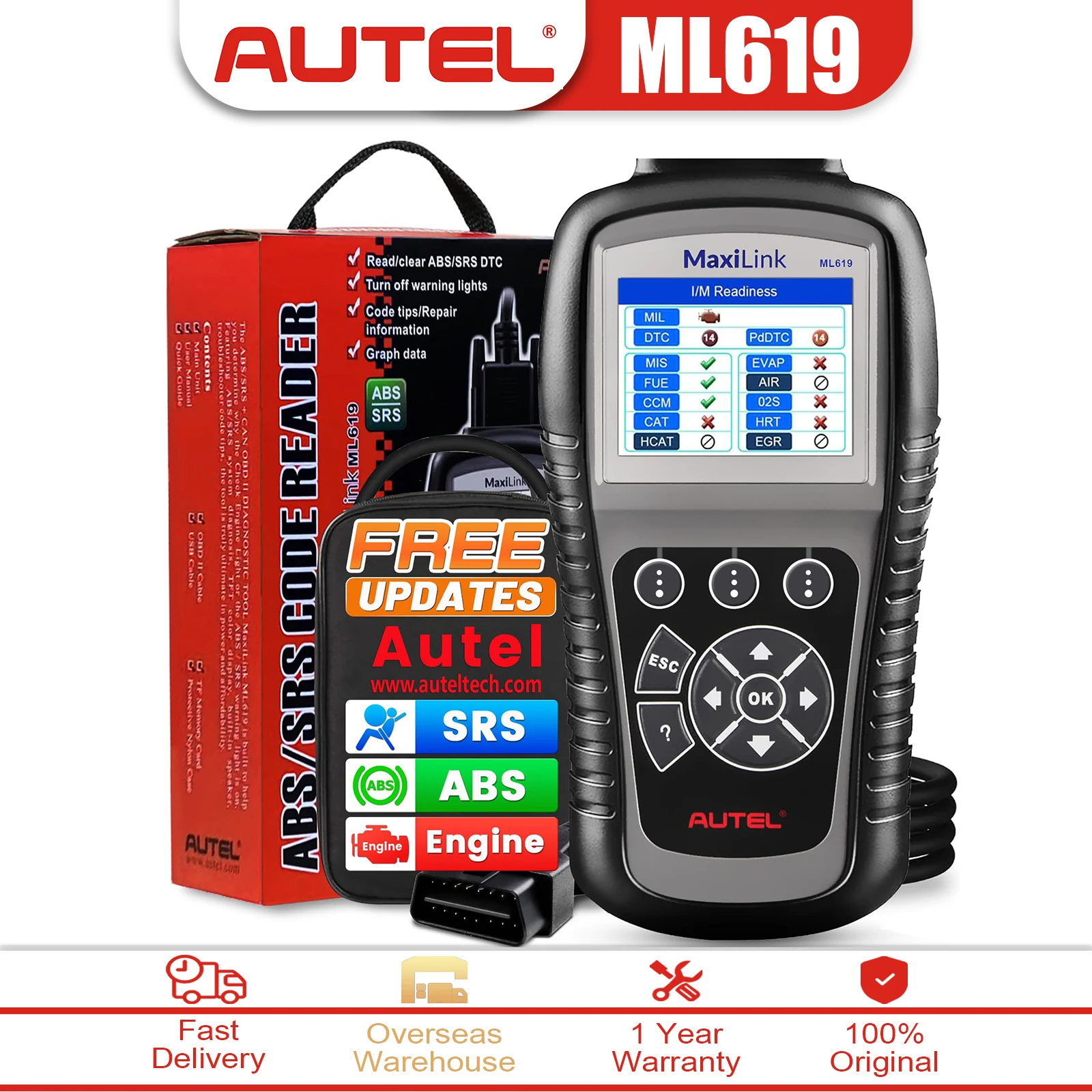 

Autel Maxilink ML619 OBD2 Scanner ABS SRS Diagnostic Tool Live Data Code Reader Test Modes Upgraded Version of AL619 2026 New