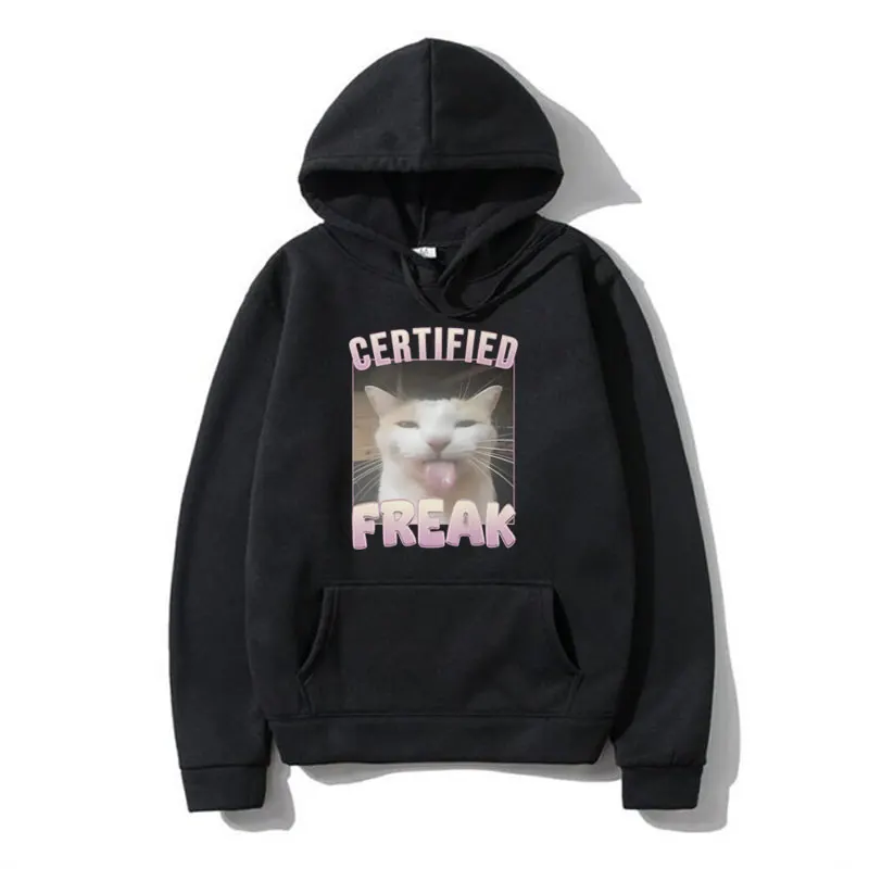 

Certified Freak Funny Cute Cat Meme Graphic Print Hoodie Men Women Fashion Oversized Fleece Pullover Long Sleeve Sweatshirt Male