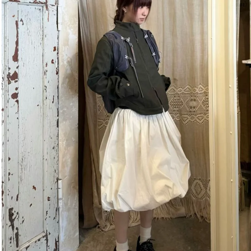 

Kawaii Универсальная эластичная полуюбка с высокой талией и цветочным бутоном, новая художественная белая пышная юбка в стиле ретро, утягивающая юбка средней длины, новый стиль