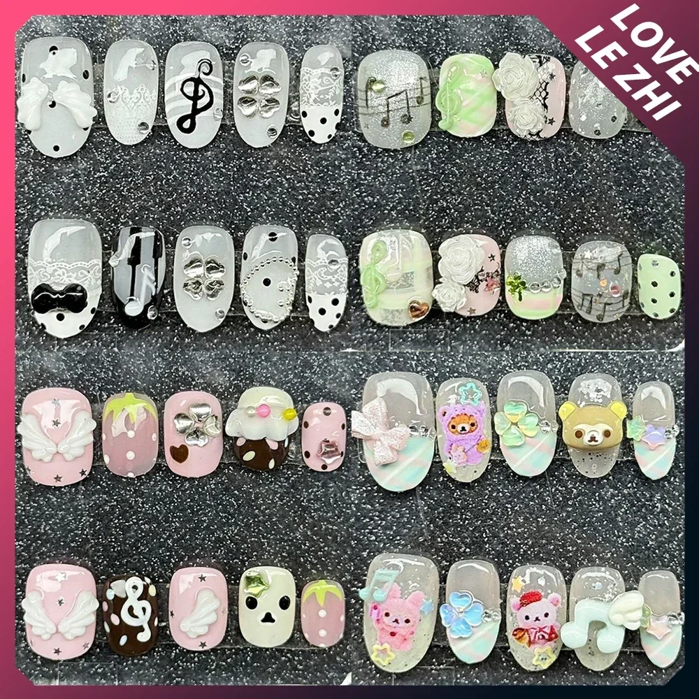

10Pcs Cartoon Anime Rilakkuma Handmade Square Ellipse Nail Party Sticker Four-Leaf Clover Diamond Bow Polka Point Press On Nail