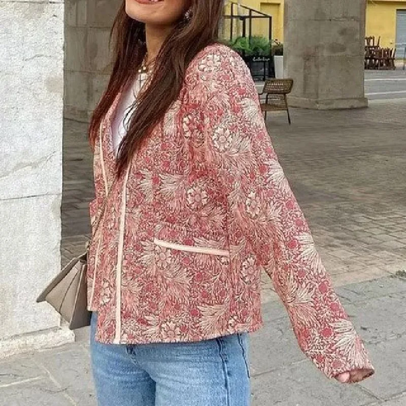 Imagem -03 - Jaqueta de Manga Completa Acolchoada para Mulheres Outerwear Fino Solto Cabolsa de Lapela Estampado com Flores Acolchoado Linha Rosa Claro Outono e Inverno 2023