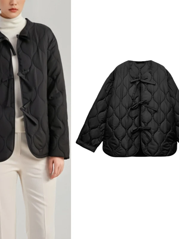 

Autumn Winter New Women's round Ne Long Sve Knot Belted Button Cotton Jaet Coat Regular Thiened Loose Fit