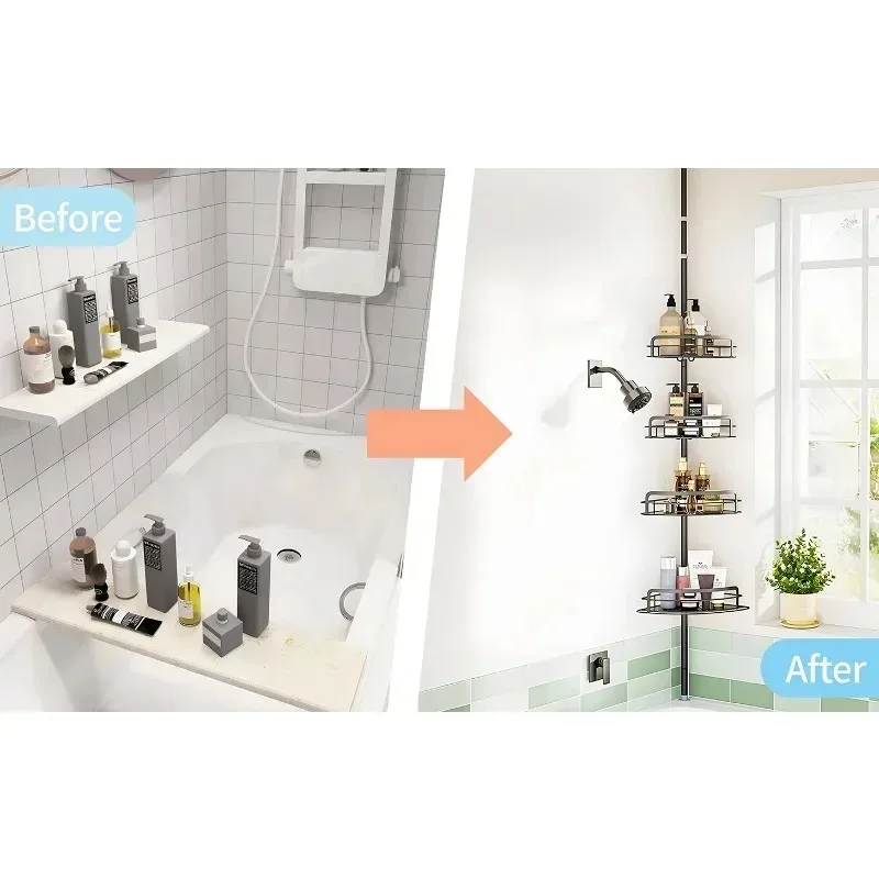 

4-х уровневая регулируемая угловая полка для душа (82-296 см) - треугольный органайзер без натяжного штанга для ванной комнаты и кухни с крючками