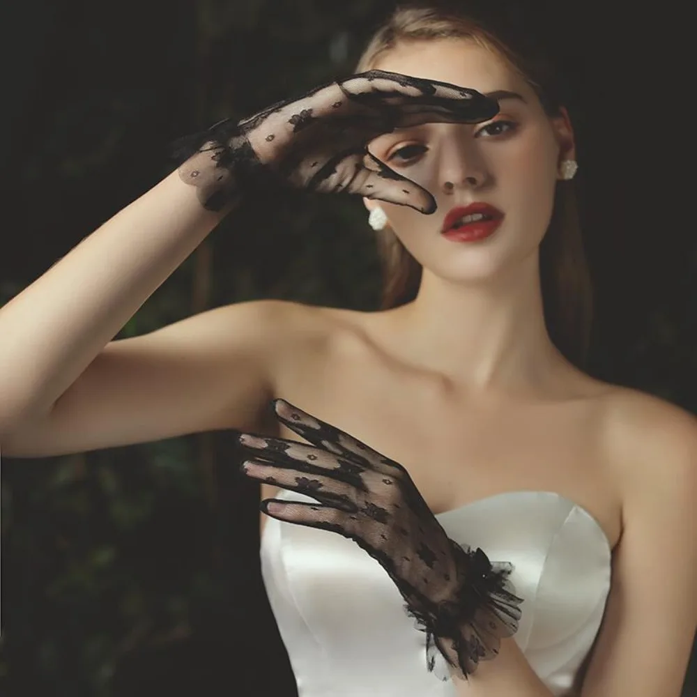 Holy Breathable Bridal Gloves Bow Pearl Mesh Lace Gloves Satin Gauze Wedding Mittens Festival image 3