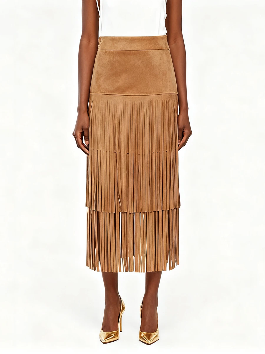 VGH Rok Panjang Gaya Denim Solid Chic dengan Rumbai untuk Wanita Pinggang Tinggi Musim Gugur Rok Pesta Temperamen Fashion Wanita Baru