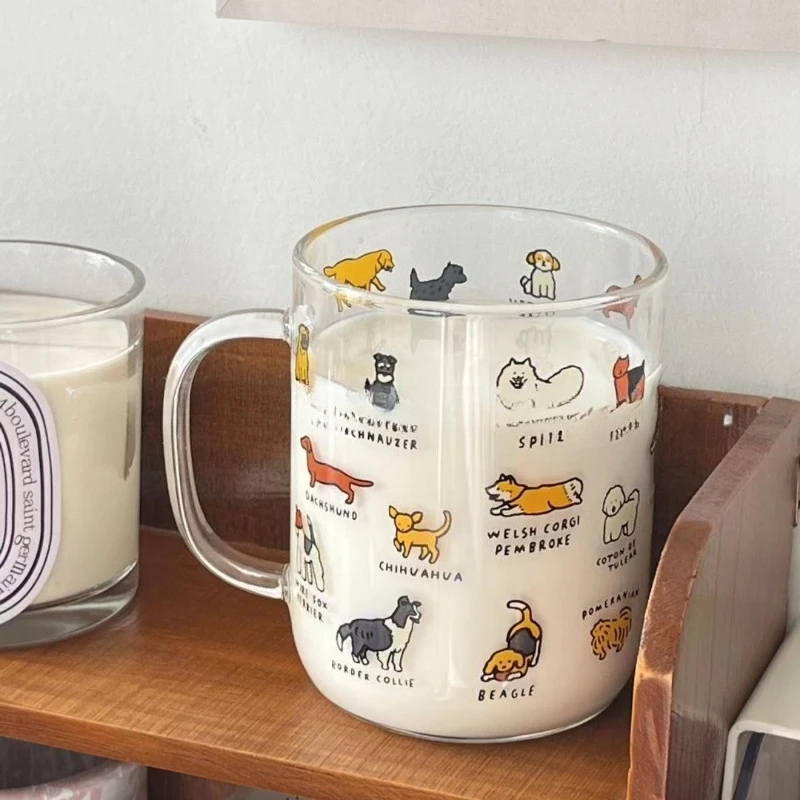 Korean Ins Style Cartoon Puppy Glass, High Temperature Resistant Water Cup with Handle, Breakfast Milk Mug, Children's Gift