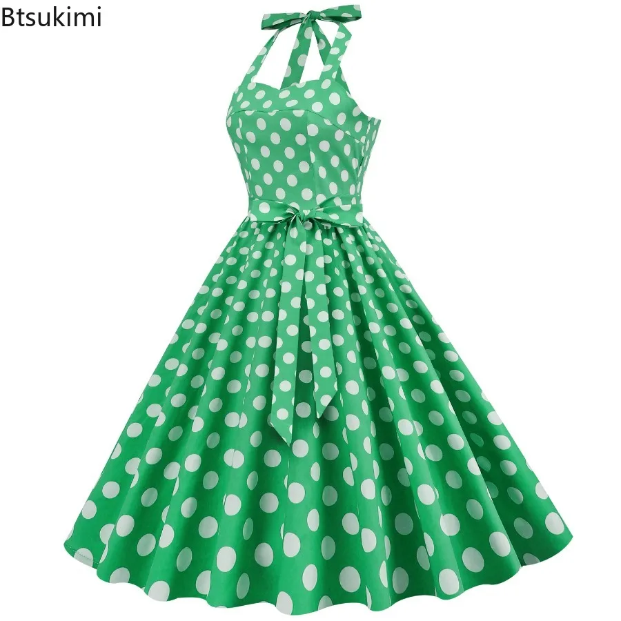 レディースヴィンテージ水玉Aラインロングドレスホルターレースアップバックレスハイウエストパーティードレスノースリーブカクテルフォーマルドレス