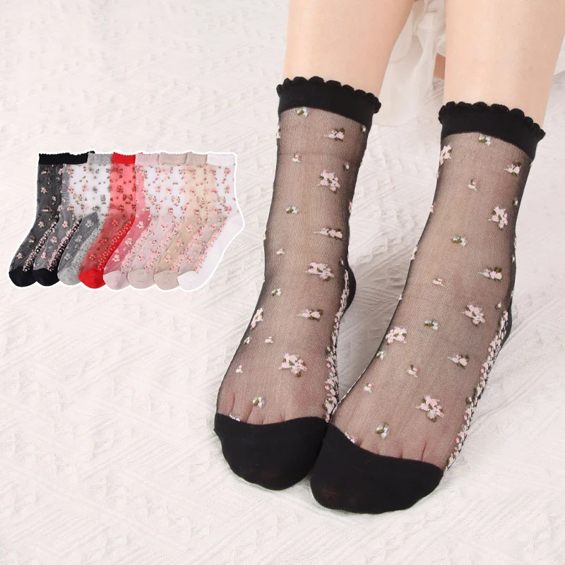 

Summer Thin Transparent Lace White Silk High Long Socks Women Retro Harajuku Floral Embroidery Cute Cotton Crew Stockings