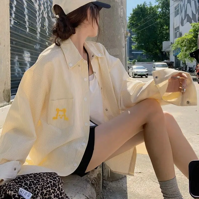 

Casual Striped Sun Protection Shirt Coat Women's Loose Long Sleeve Autumn New Design Small Size Casual Blouse Polyester Fiber