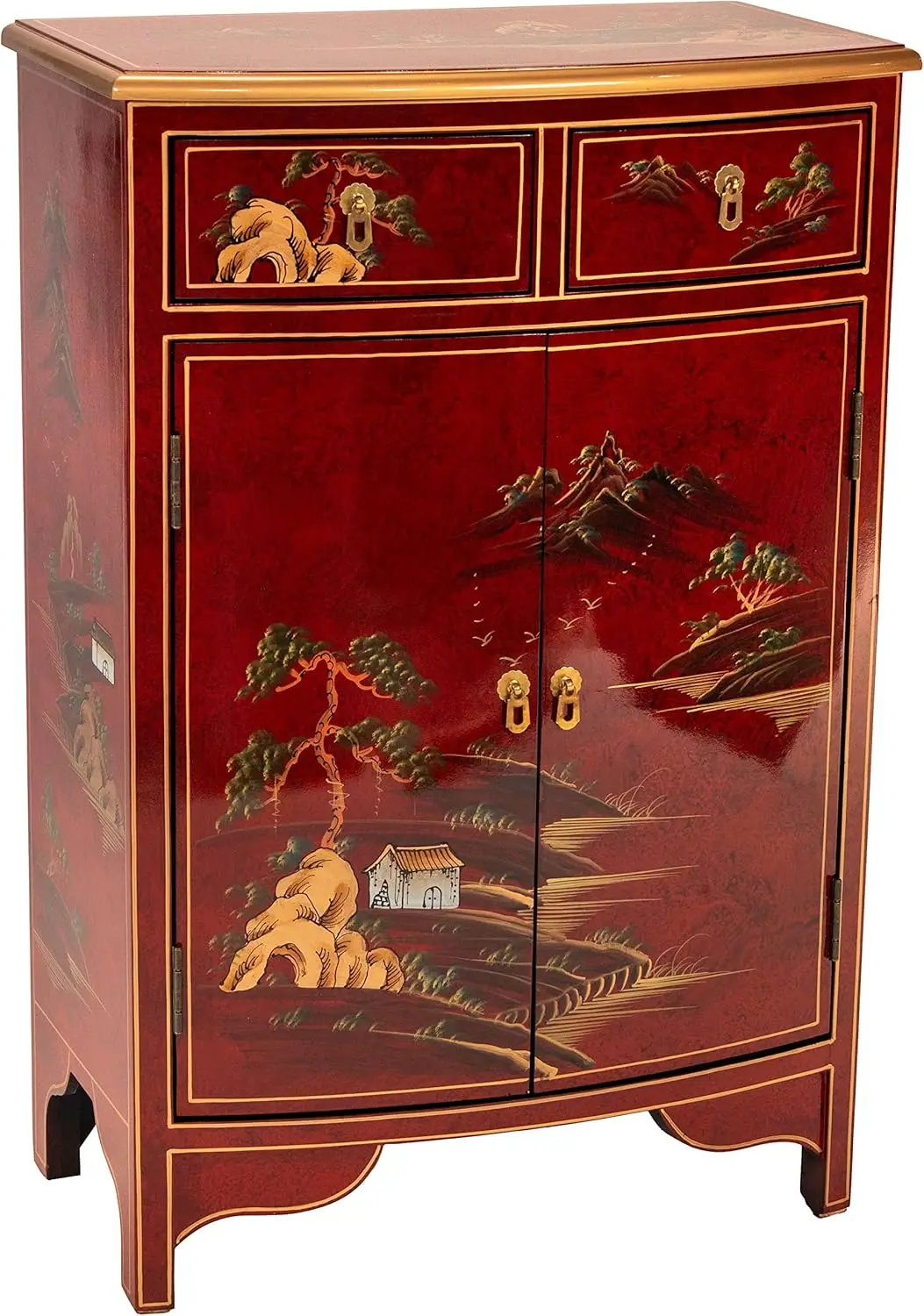 

Crafted Lacquer Storage Cabinet - Red with Hand-Painted Chinese Landscape