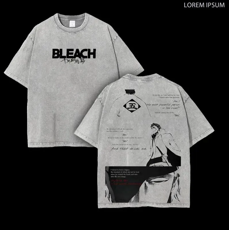 Aizen Sousuke BLEACH T-shirt Anime Washed Tshirt Men's Clothing Casual Oversized T Shirt Summer Short Sleeve Cotton Tees Tops