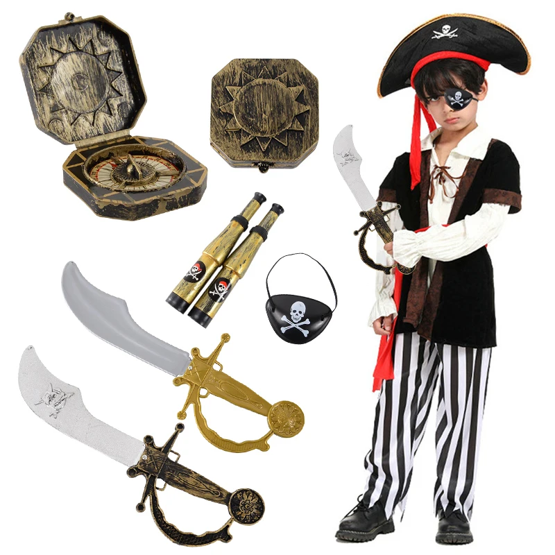 Children Pirate Costume Accessories Sets Pirate Eye Patches Pirate Flag Skull Print Pirate Hat Halloween Cosplay Party Kids Gift