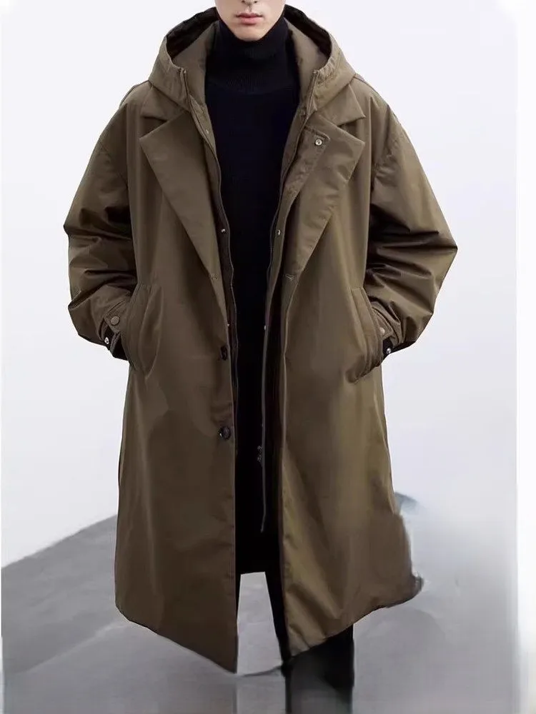 

Мужское зимнее утепленное пальто-тренч из плотного хлопка с капюшоном, зеленое, стеганое, с множеством карманов, практичное для активного отдыха и походов