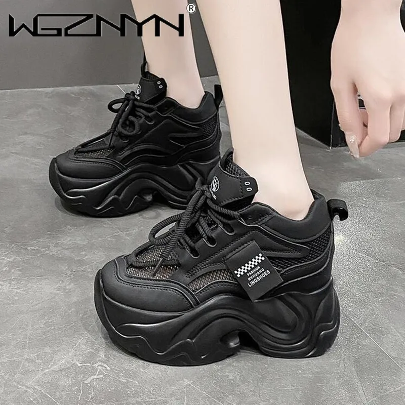 

2024 Women High Platform Sneakers New Summer 9.5CM Wedge Heels Thick Sole Leather Shoes Autumn Breathable Mesh Chunky Sneakers