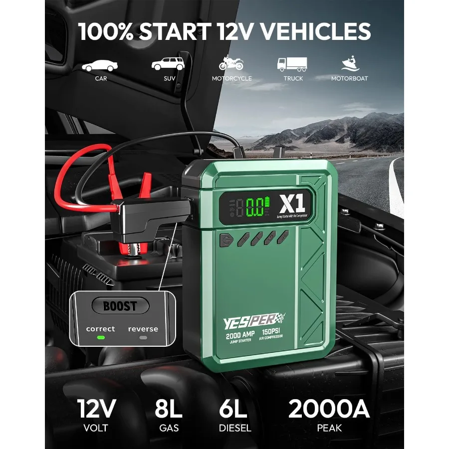 كاتب الانتقال المحمول مع ضاغط الهواء 2000A 150PSI للسيارات 12 فولت 8L الغاز و 6L الديزل التوافق شاشة الكريستال السائل المدمج ضوء #2