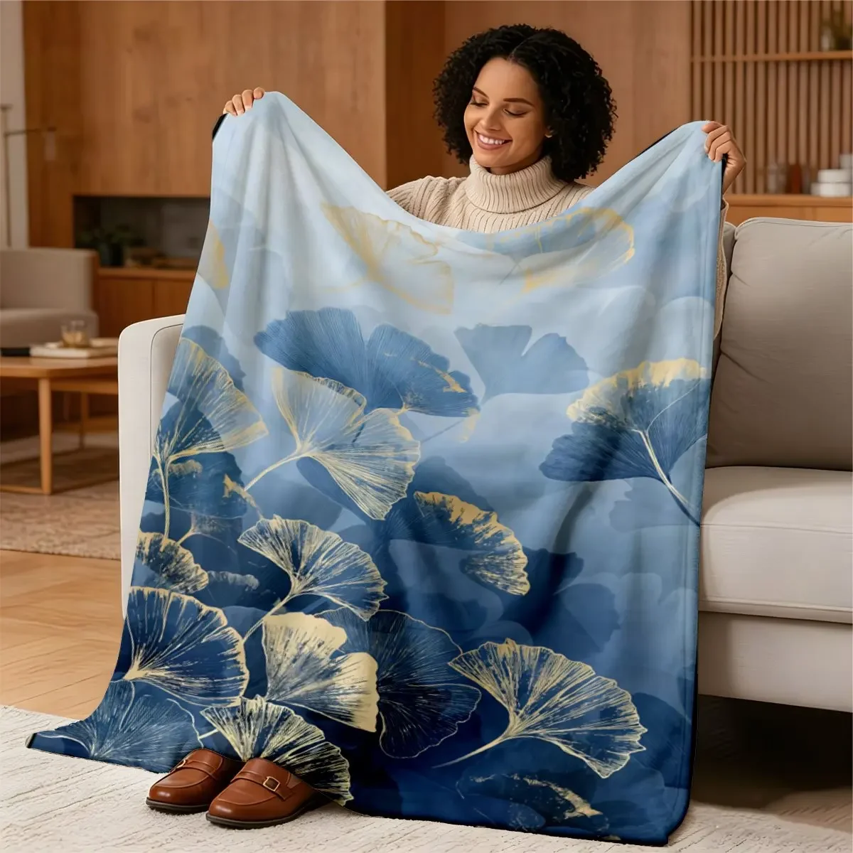 Luxurious Blue Tropical Floral Print Throw Blanket Sofa Bed Couch Decor Plush Aesthetic Leaf Pattern Autumn Winter