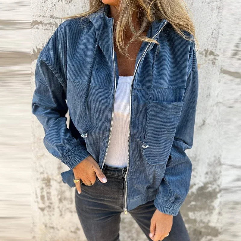 

New Fall Winter Solid Color Hooded Jackets All Match Corduroy Vintage Hoodies Coats Women Casual Long Sleeve Zip-up Sweatshirt