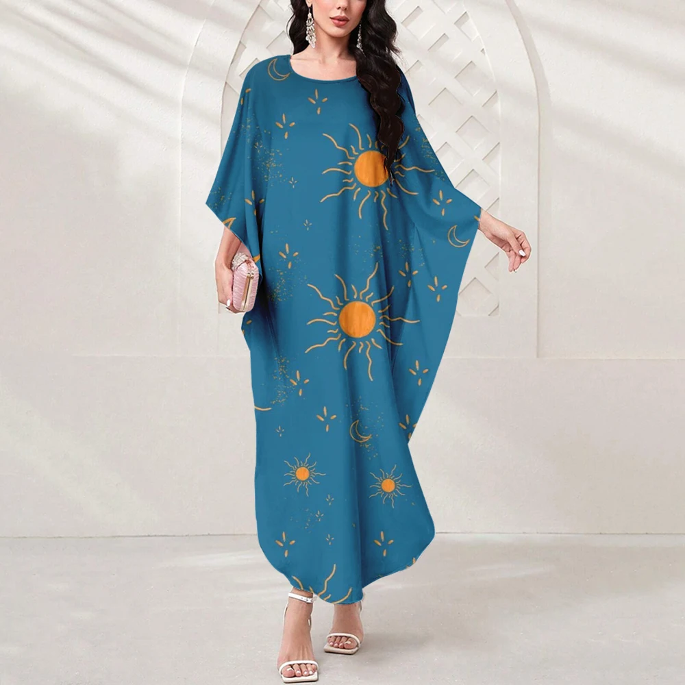 Women's Eid Muslim Dress Tight Waist O Neck Casual Starry Print Dress Dubai Islamic Abaya Moroccan Arabic Outdoor Clothing