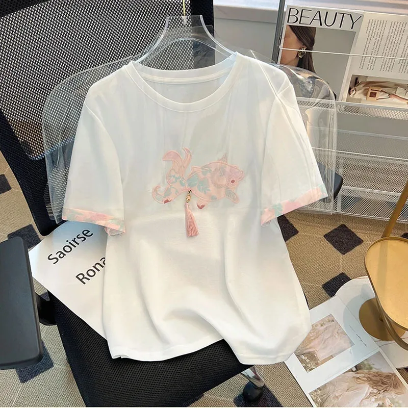 

Women's T-Shirts 2024 Summer Fashion Fish embroidery Short Sleeve Top Female Clothing O Neck Oversized Tees Harajuku T Shirts