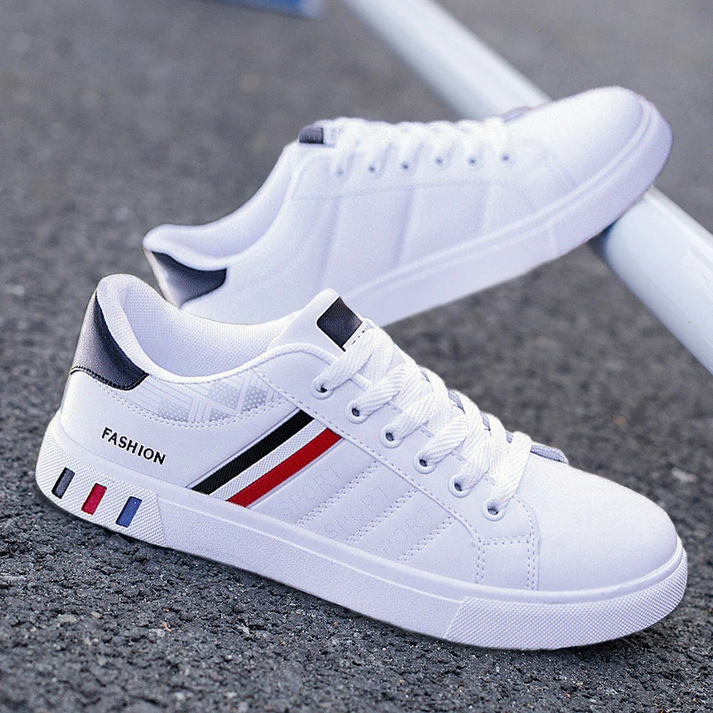 Men's Casual Sports Shoes for Men Lightweight PU Leather Sneakers  Breathable Mens Flat WhiteTennis Shoes