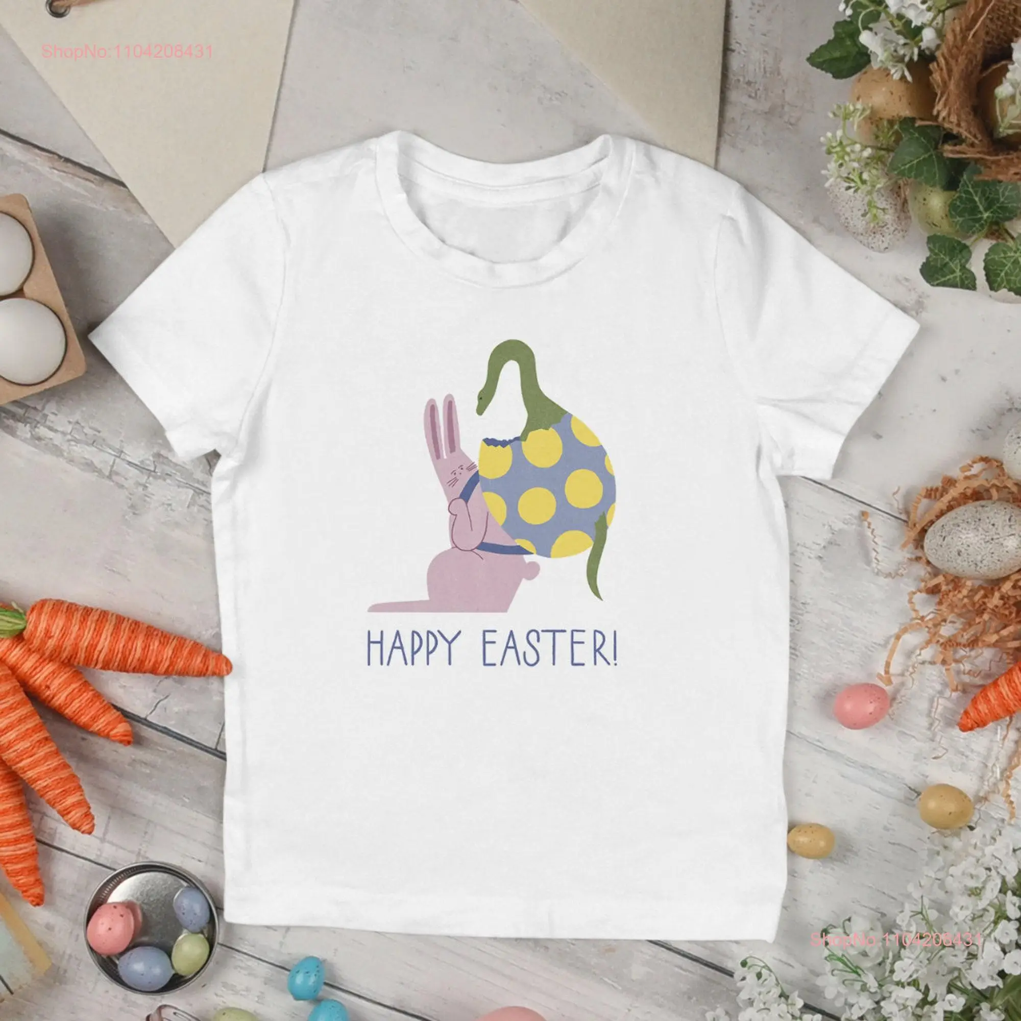 Happy Easter T Shirt with Bunny Dinosaur and Egg Unique Funny Christian Dino Rabbit Lover Brachiosaurus