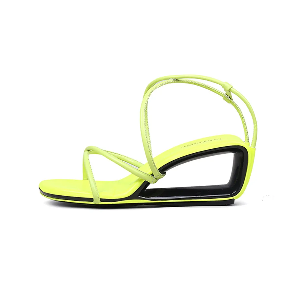 Fluorescent Green Gladiator Narrow Strap Women Sandals Ins Design 6cm Fretwork High Heels Summer Sandalias Black Casual Zapatos