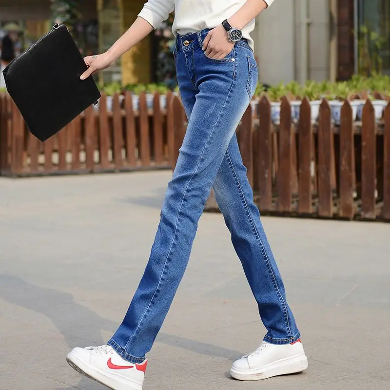 Dames Hoge Taille Rechte Jeans Casual Katoenen Skinny Lange Potloodbroek Kantoor Dame Korte Grote Maat Denim Broek
