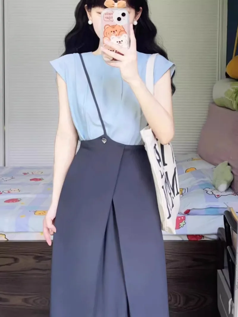 

Women's Slimming Suit Summer Blue French Style Short Sleeved Shirt Shoulder Strap Skirt Half Skirt Two-piece Set