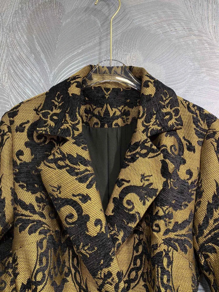 DLDENGHAN Double Breasted Coat Turn-down Collar Long Sleeves Lace-up Vintage Print Outerwear Fashion Runway New