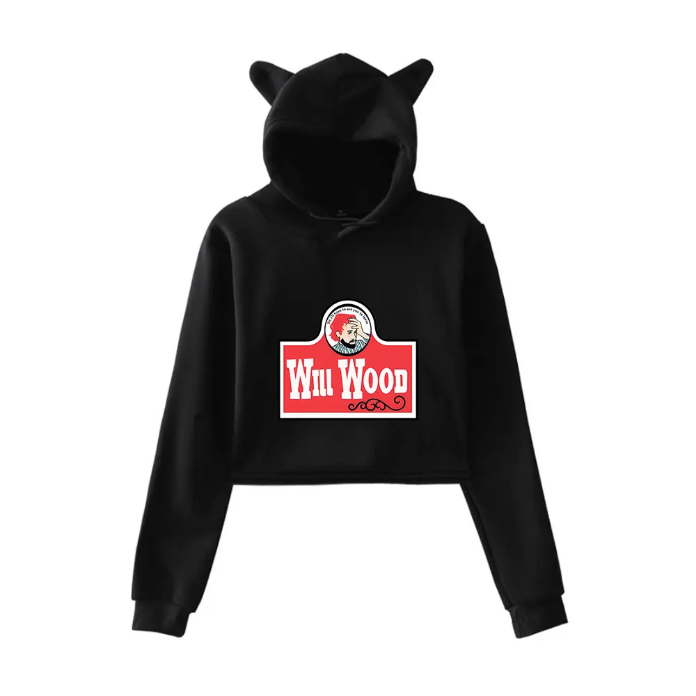 

Толстовки Will Wood Merch для девочек, укороченный пуловер с кошачьими ушками, повседневная одежда с принтом