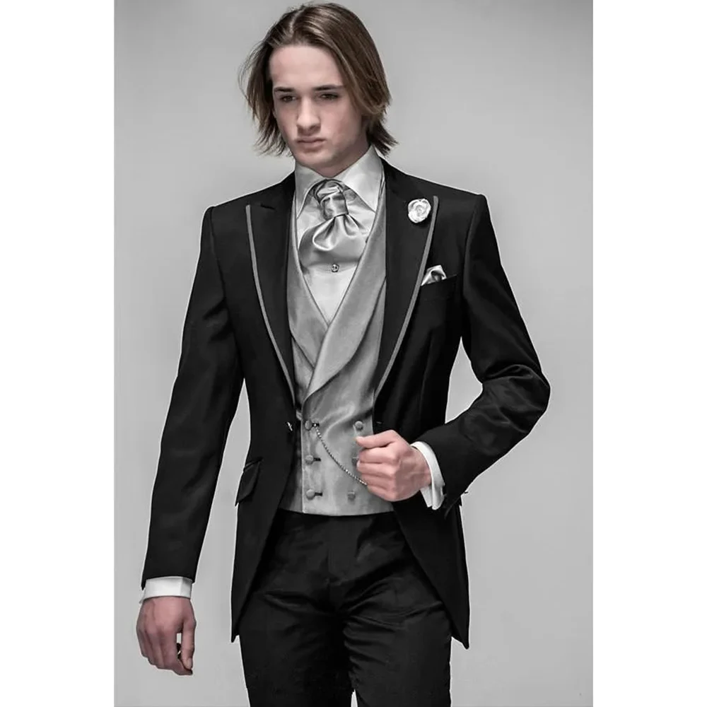 

Elegant Men's Suits Black Tuxedo Single Breasted Peak Lapel Business Outfits 3 Piece Jacket Pants Vest Slim Fit Costume Homme