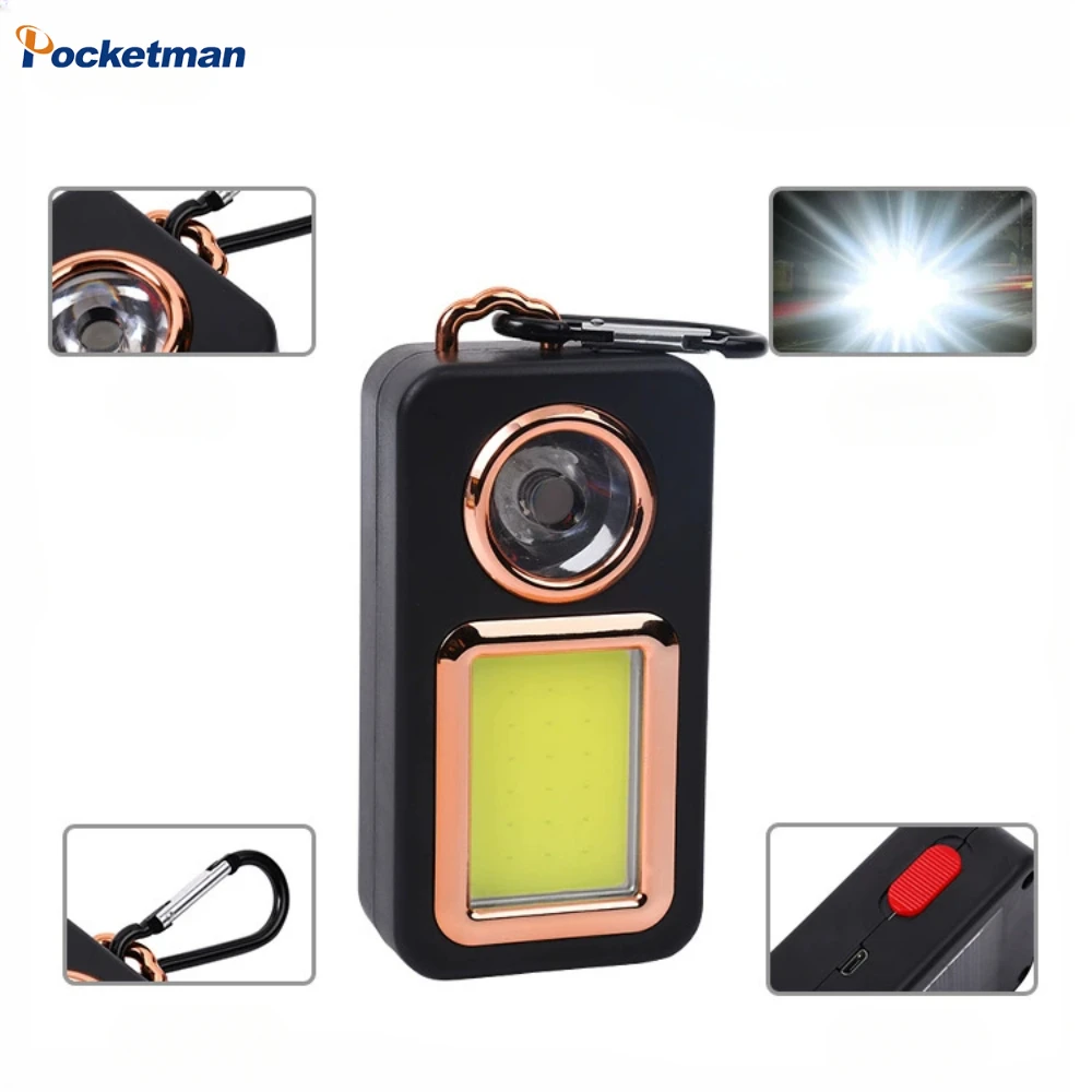 COB Work Light Solar Power Portable Flashlight with Hook Magnet Handlight Outdoor Camping Tent Lamp Built-in Battery Torch