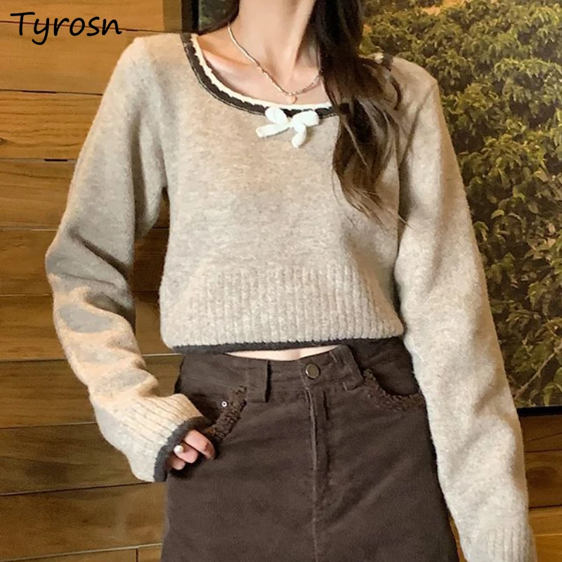 Square Neck Pullovers Women Bows Patchwork Tops Fashion Simple Sweaters Loose Thicker Female Korean Style Streertwear Ladies