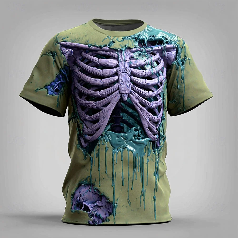 

New Halloween Skeleton Pattern T Shirt For Men Funny Skull 3D Printed Tops Summer Oversized Round Neck Short Sleeve Men Clothing