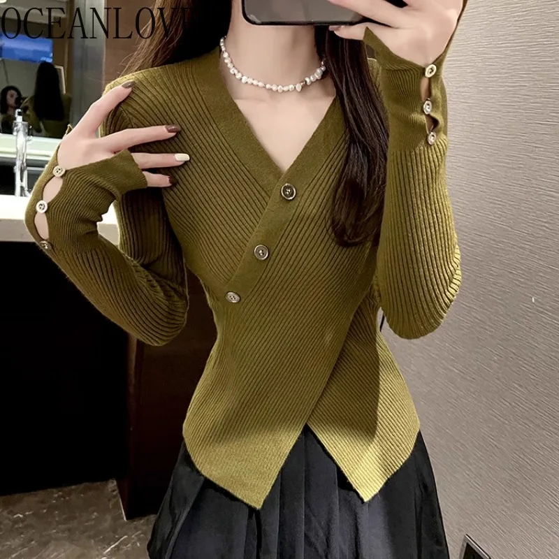 

OCEANLOVE Criss Cross Women Sweaters Buttons V Neck Autumn Winter Pull Femme Korean Fashion Solid Casual Short Pullovers