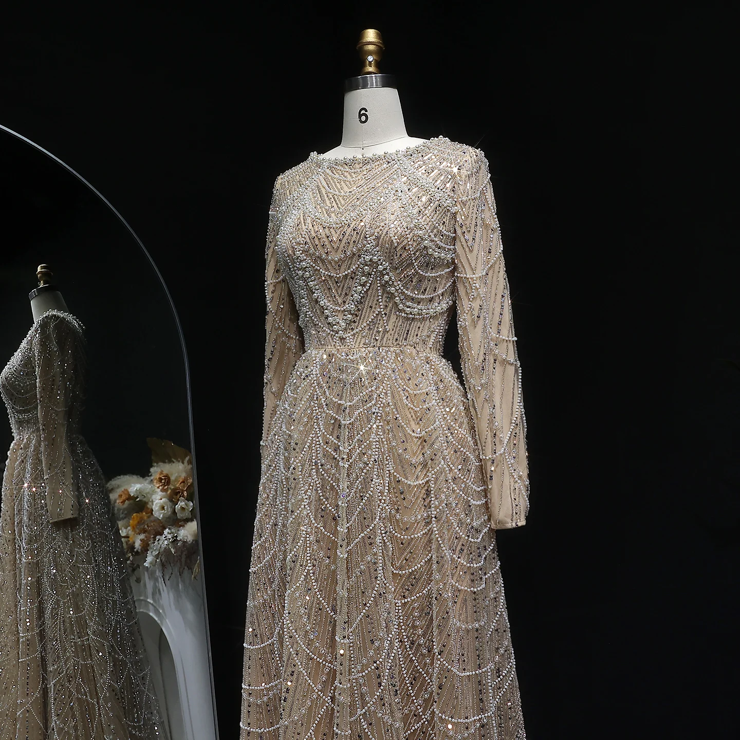 Sharon Said Luxuriöses Dubai-Abendkleid mit grünen Perlen und langen Ärmeln, Saudi-Arabisches Damen-Hochzeitskleid, formelle Partykleider SS625, maßgeschneidert – Detail 29