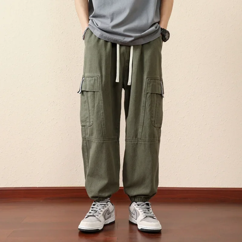 2024 Spring New Korean Version of Tooling Large Size Casual Loose Cotton Multi-bag Pants Fashion Small Foot Pants Men