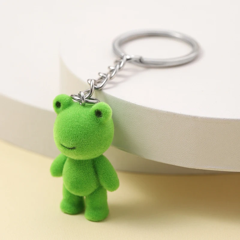 3D Flocking Frog Dog Cat Keychain Cute Flocked Little Frog Animals Keyring Bag Pendant Backpack Charms Car Decor Accessories