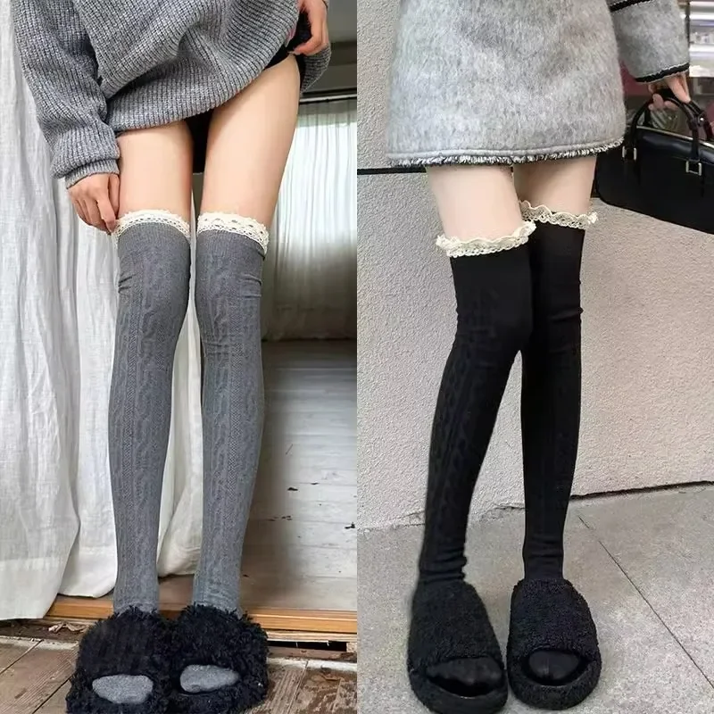 Japanese JK Lace Socks Women Girls Sexy Lolita Knitted Pattern Stockings Elegant Solid Color Winter Warm Over The Knee Long Sock