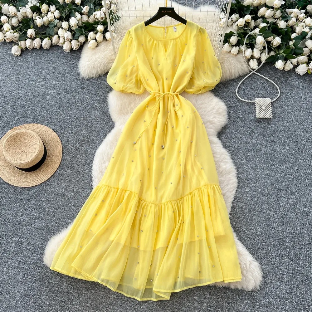Chic vintage Sexy lantern sleeve rhinestone mesh Fairy Summer  Women Boho Sundress women clothing Long dress