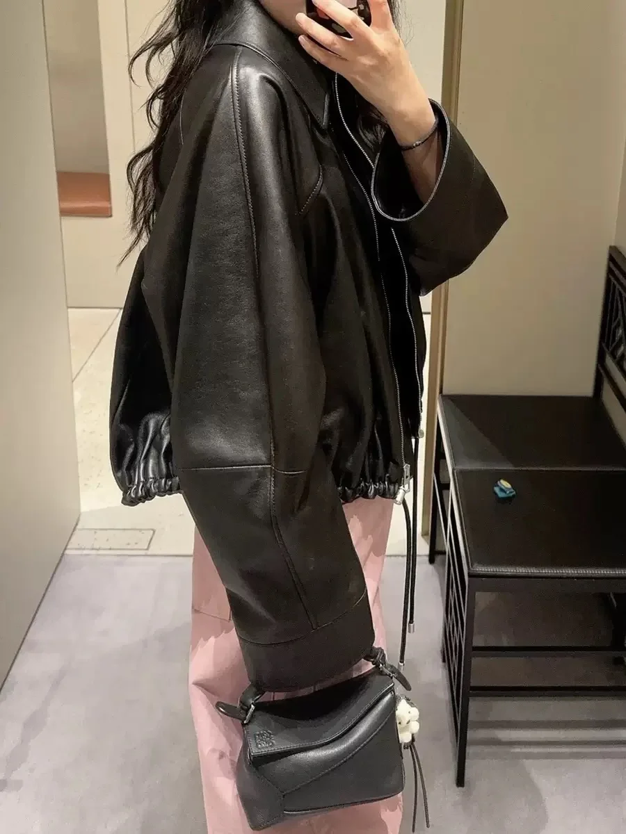 Abbigliamento in vera pelle per donna Cappotto corto con silhouette con coulisse bavero Giacca da donna con palloncino in vera pelle di pecora Bomber Femme