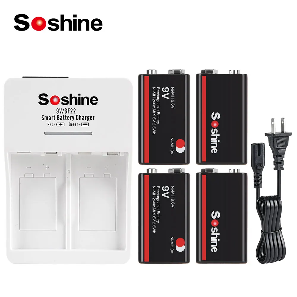 Soshine 9V Ni-MH 260mAh Rechargeable Battery and 2 Slot Smart US EU Charger 6F22 9 Volt Ni-MH Batteries for Microphones Monitori